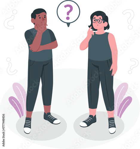 Two people thinking with question marks around them confusion doubt