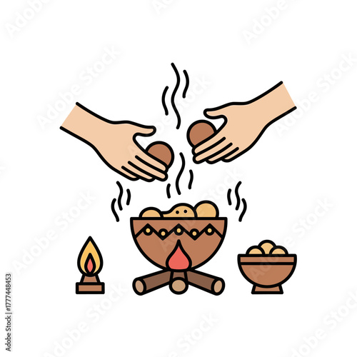 Hands warming over a ceremonial fire with hot stones.