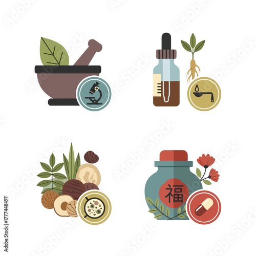 Herbal medicine icons representing natural remedies and alternative treatments for health.