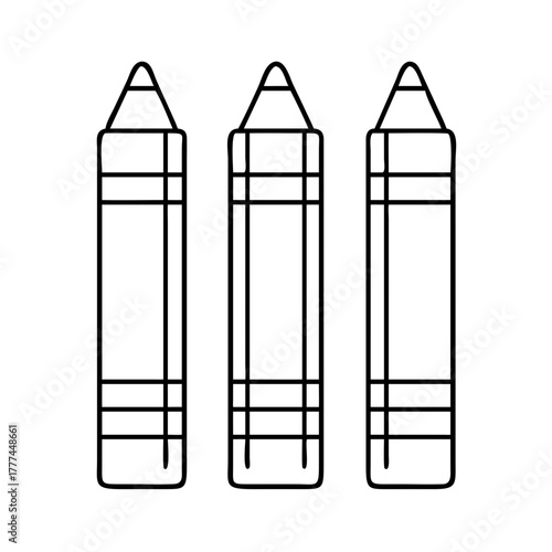 A clean line art icon depicting three long crayons arranged vertically sidebyside