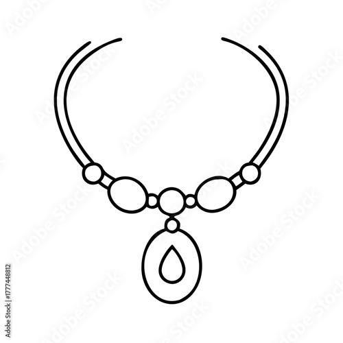 A simple line drawing of a necklace with a teardropshaped pendant, isolated on a