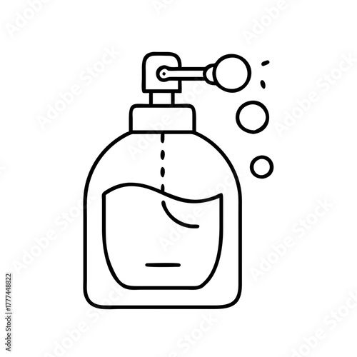 A simple line art illustration of a perfume bottle with a spray nozzle, showing a few droplets of liquid being dispensed