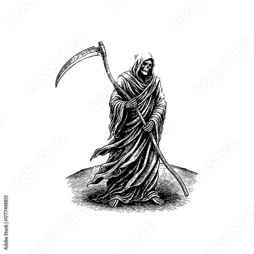 Grim Reaper with Scythe – Hand-Drawn Vintage Style, drawn in an engraved, woodcut style with fine details sketch engraving vector illustration.