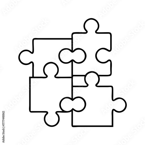 A closeup of four interlocking puzzle pieces, arranged in a square with one piece slightly offset, representing unity, cooperation, and the process of putting things together