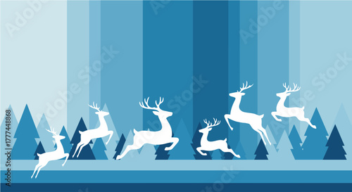 Silhouette of leaping reindeer in a wintery blue landscape with stylized trees and vertical stripes.