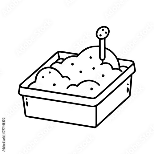 A simple line art drawing of a sandbox with a small toy and a pile of sand