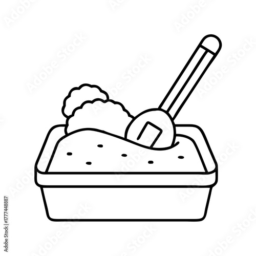 A minimalist line drawing of a sandbox with sand, a small pile of sand, and a shovel