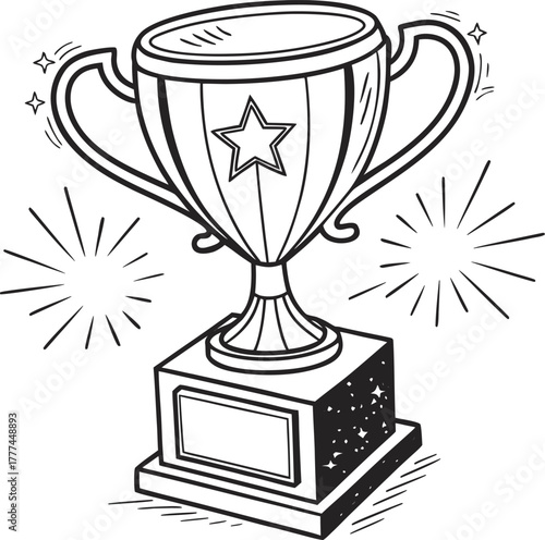 A vector illustration of a trophy cup, centered and taking up most of the frame. The trophy is depicted in a simple line art style, with thick black outlines. The cup features a large, bowl-like top w
