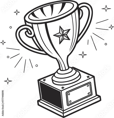 A vector illustration of a trophy cup, centered and taking up most of the frame. The trophy is depicted in a simple line art style, with thick black outlines. The cup features a large, bowl-like top w