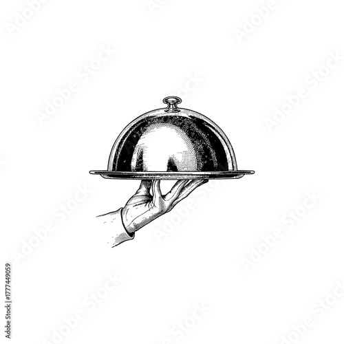 Vintage illustration ofa gloved hand holding a silver serving platter with a cloche.