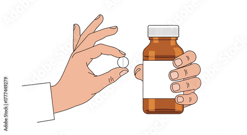 Hand holding a pill next to a medicine bottle