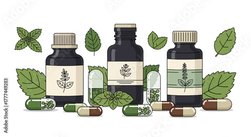 Bottles pills and leaves arrangement