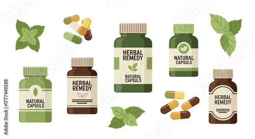Flat illustration of herbal remedies and capsules