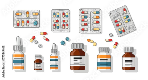 Overhead view of various pharmaceutical packaging and pills