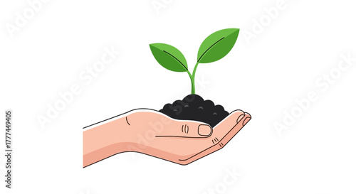 Hand holding soil with a seedling