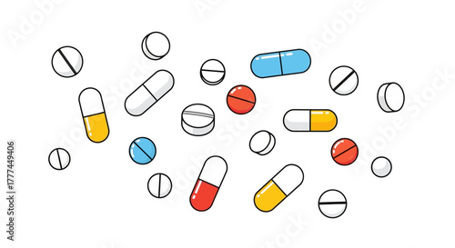 Assorted pills and capsules scattered on a white background