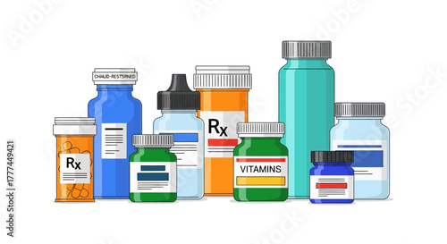 Group of various medicine bottles on a white background