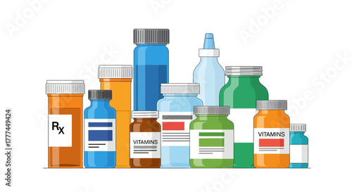Collection of various medicine bottles and vitamin containers