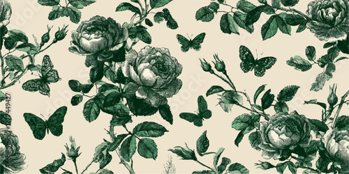 Elegant vintage floral pattern with dark green roses and delicate butterflies on a cream background