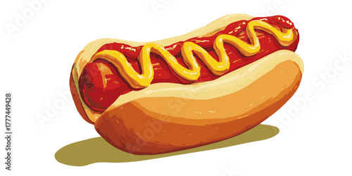 Classic american hot dog with mustard in a bun on a white background with shadow