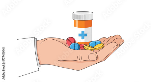 A hand holds a bottle of pills and various colored pills