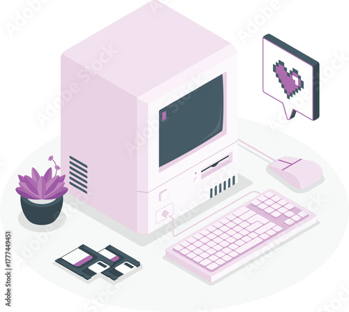 Vintage computer setup with floppy disks and pixel heart Keywords: vintage computer, retro