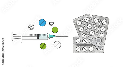A syringe and scattered pills next to blister packs of medicine