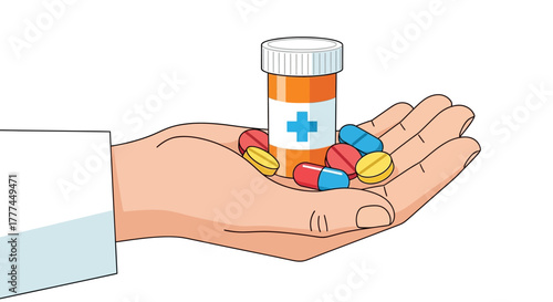 Hand holding a pill bottle and scattered pills