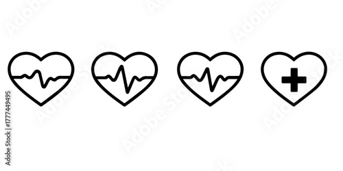 heart icons representing health cardiology and medical care with electrocardiogram lines and a plus symbol