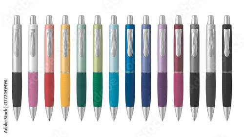 High-resolution product photo of 12 metallic ballpoint pens in vibrant colors, glossy finish, neat horizontal line on a transparent background.