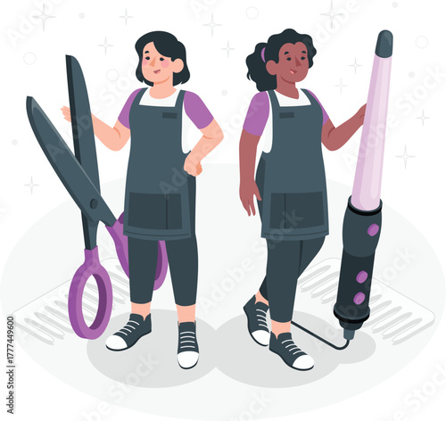 Two women hairdressers with scissors and curling iron hairstylist barber