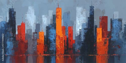 Abstract cityscape with vibrant orange and blue skyscraper silhouettes against a hazy background