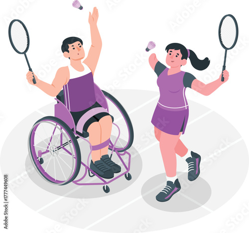 Wheelchair badminton players on court amico vector