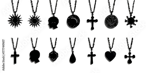 Collection of silhouetted pendant necklaces featuring diverse charms on white background