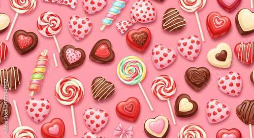 An irresistible collection of heart-shaped chocolates, colorful lollipops, and festive candies scattered on a cheerful pink background, perfect for sweet celebrations and expressions of love