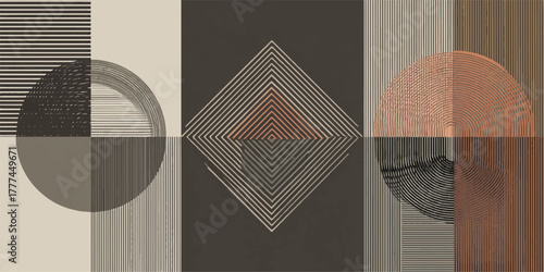 Abstract geometric composition with circles and diamond shapes in muted earthy tones