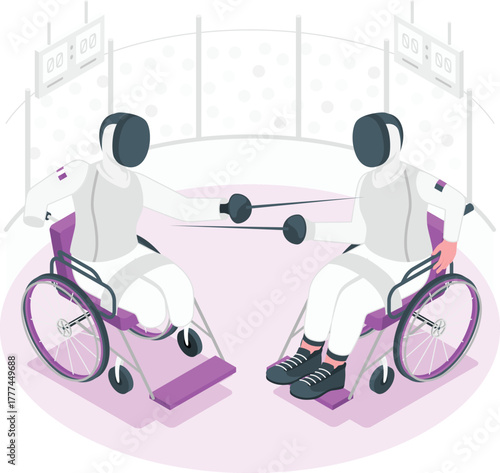 Wheelchair Fencing Competition Isometric Illustration Keywords: wheelchair fencing, sport