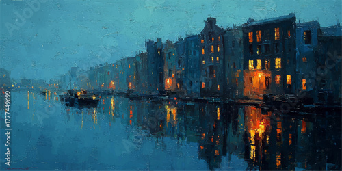 Historic european canal buildings glowing with warm light reflecting on calm water at dusk