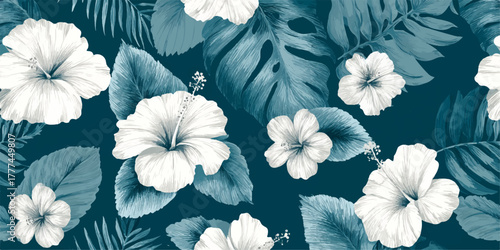 Exotic white flowers bloom amidst lush tropical foliage in a vibrant teal and green pattern