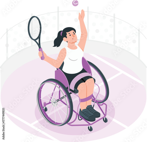 Wheelchair Tennis Player Serving Isometric Illustration Keywords: wheelchair tennis, sport