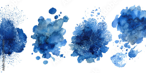 Abstract blue watercolor splatters and blobs on a white background	
