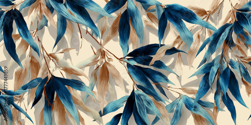 Close up of dark blue and tan bamboo leaves with a soft focus background