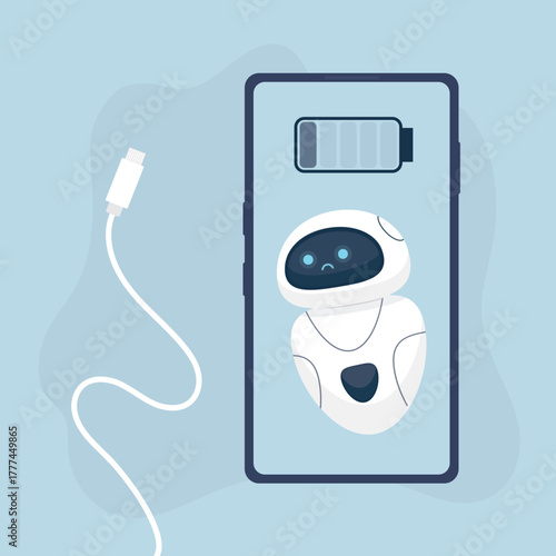Mobile phone with low battery and unhappy ai bot assistant. Charger, low battery, white cable, new modern technologies
