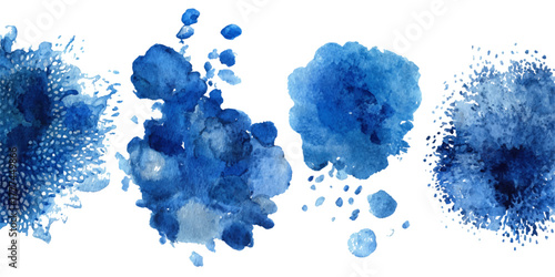 Abstract blue watercolor splatters and blobs on a white background