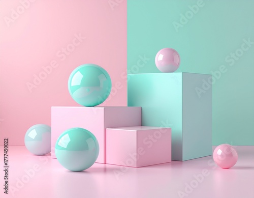 Minimal composition of 3D geometric shapes in pastel tones, featuring clean lines and modern abstract design for creative layouts.