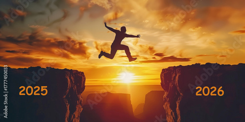 man jumping over cliff from 2025 to 2026