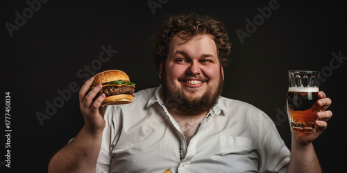 happy man with burger and beer