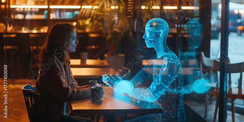 Woman talking with artificial intelligence hologram in cafe