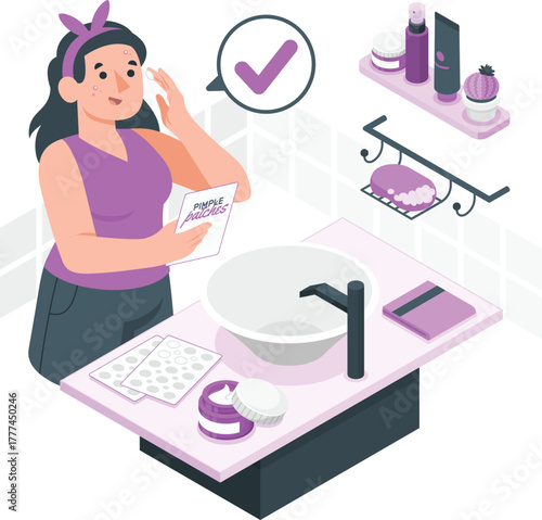 Woman applying cream to pimple on face with skincare products acne