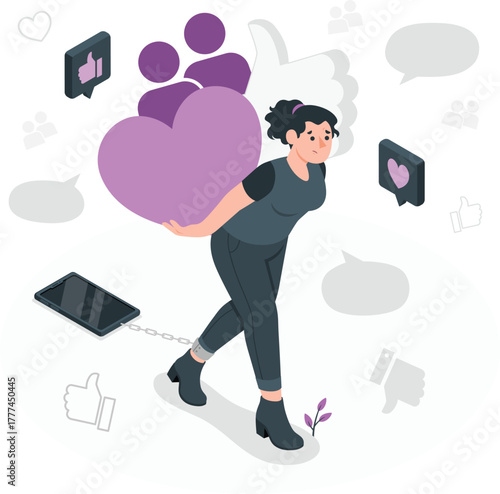 Woman burdened by heart and social media chain addiction pressure